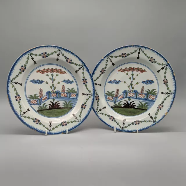Pair of 18th Century English Polychrome Delftware Plates