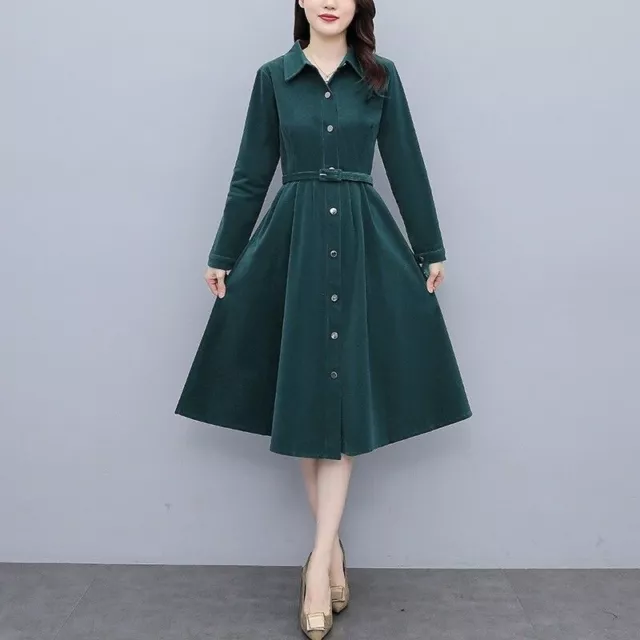 Women Corduroy Shirt Dress Midi Belted Fit Flare Long Sleeve Elegant Retro Party