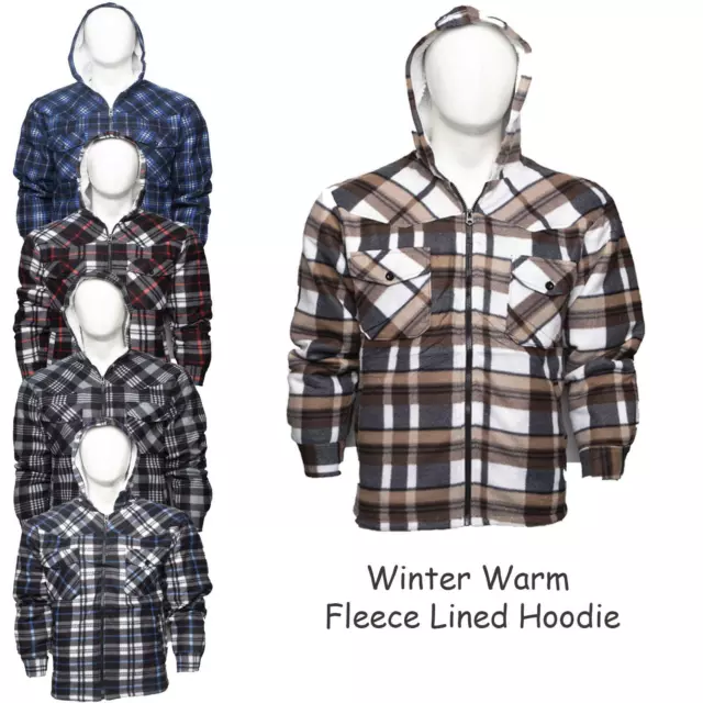 Mens Lumberjack Hooded Sherpa Fleece Padded Jacket Fur Lined Warm Worker Shirt