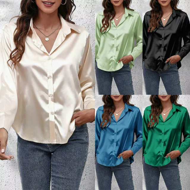 Damen Satin Seide Langärmlige Bluse Ol Büro Arbeit Hemd Locker Baggy Top Au Q