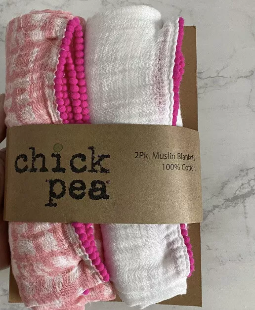 New Chick Pea Baby Girl 2 Pack Soft Muslin Swaddle Blanket Neon Pink Pompom Trim