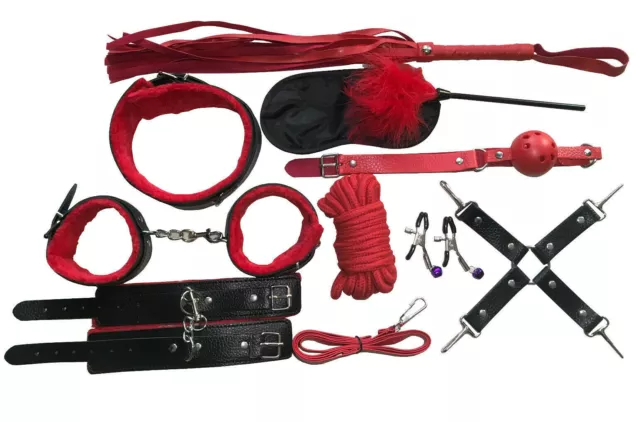 Bondage Set Leder Fessel Kit rot Handfesseln Fußfesseln Halsband gepolstert