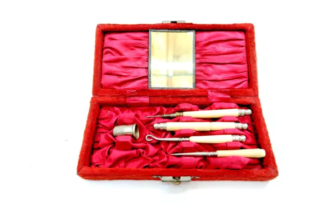 Antique ETUI SEWING KIT in Fitted Red Velvet Case with Handle