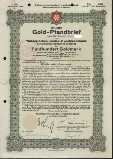 Weimar 500 Goldmark  Thüringische Landes Hypothekenbank 1928  8% Pfandbrief ( 31