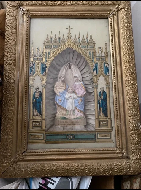Hochwertige Figuren Maria, Josef und Jesus eingerahmt Jesus Kreuz