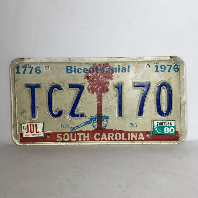 VTG South Carolina JUL 1980 BICENTENNIAL License Plate Cannon Palm Tree TCZ 170