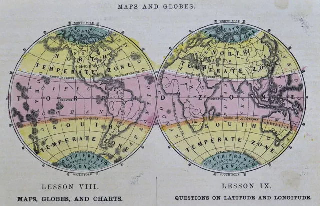 c 1882 Cowperthwait Map - World in Hemispheres Climate Temperate Zones Equator