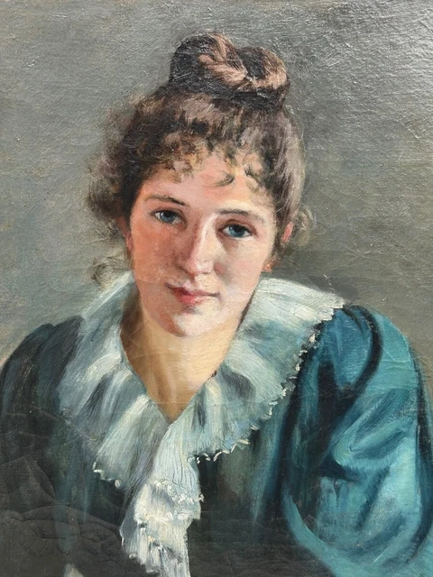ANTIQUE FRENCH LARGE Oil on Canvas Painting Young Woman Unframed Late ...