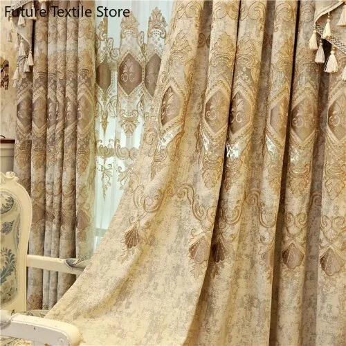 European Luxury High Quality Elegant Beige Chenille Embroidered Blackout Curtain