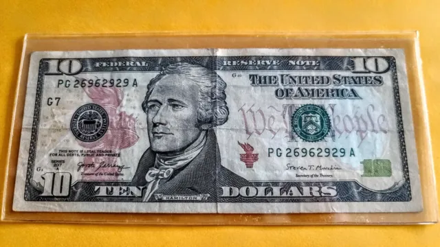 2017 Ten  dollar bill- Fancy serial number -Trinary "26962929"