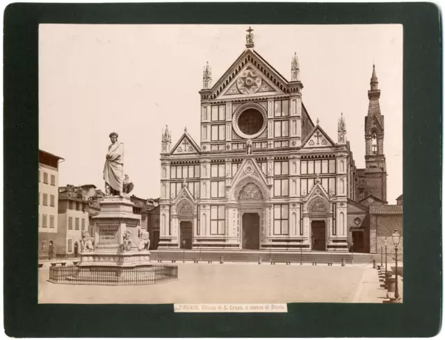 Italie, Florence, Firenze, chiesa di San Croce e statua di Dante  vintage albume