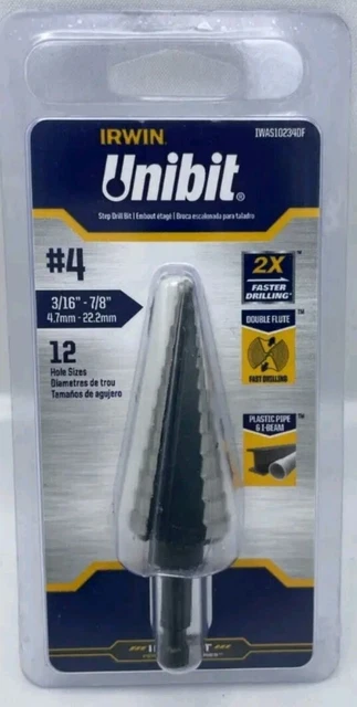 NEW Irwin Unibit #4 3/16"-7/8" 12 Hole Sizes Step Drill Bit IWAS10234DF