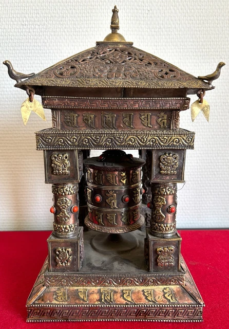Large Tibetan Copper Prayer Wheel in Pagoda - Mid 20th Century