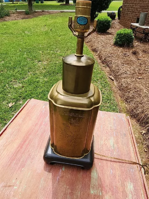 Vintage Floral Embossed Brass Cylinder Tea Canister Table Lamp Chinoiserie Asian