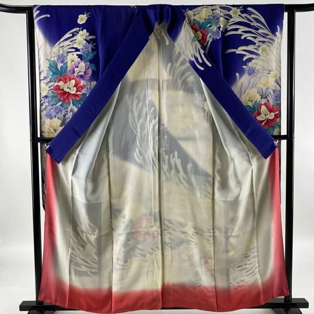 Japanese Kimono Furisode Pure Silk Flowers Embroidery Gold Thread Bluish Purple 3