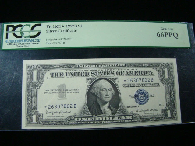1957B $1 Fr#1621* Star Silver Certificate (*B Block) PCGS 66 PPQ Gem *26307802B