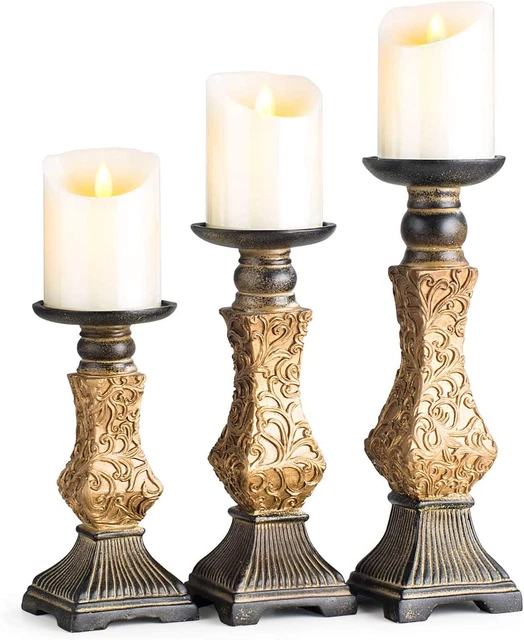 Retro Gold Pillar Candle Holders Set of 3 - 7.9" H, 9.5" H, 11.5" H, Home Decor