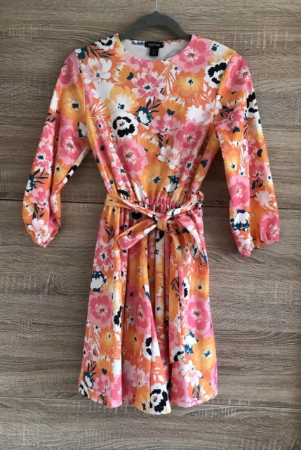 BOOHOO Pretty Bright Multicoloured Floral Belted Dress. Size 8