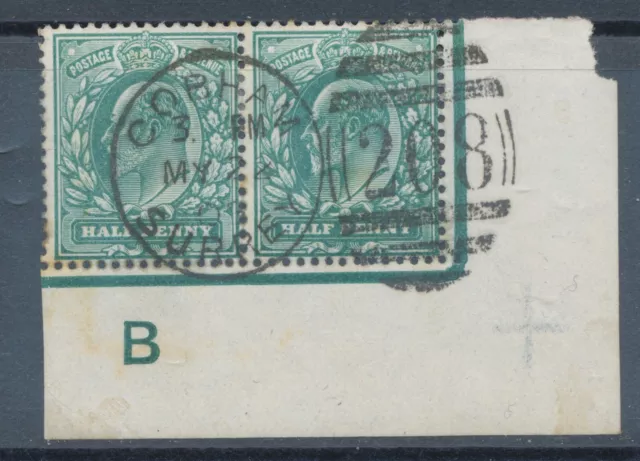 GB „COBHAM / SURREY / 208“ superb Duplex postmark on EVII ½d marginal corner con