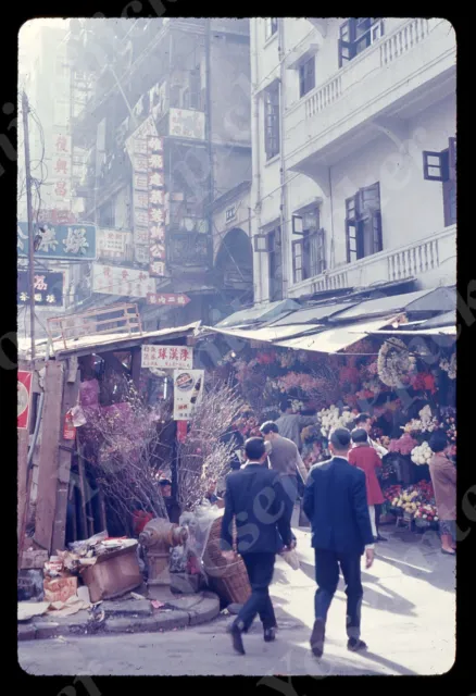 Sl69 Original slide 1967 Hong Kong Downtown stores flower vendor street 449a