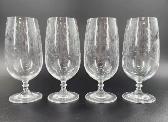 4 Pier 1 ELIZA Iced Tea Goblets 7-1/2" Glasses Crystal Etched Leaves Stemware