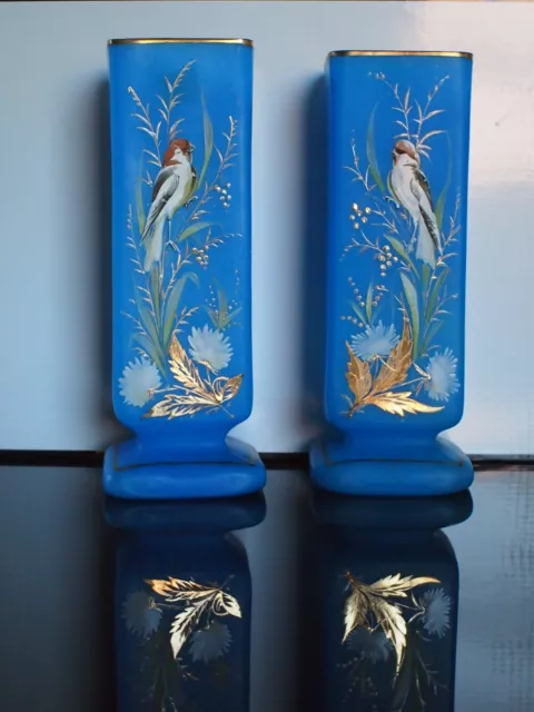 ** RARE ** Stunning Antique Blue Glass Vase Pair, Handpainted, Square,Gold Gilt
