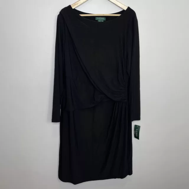 Lauren Ralph Lauren Dress Womens Size 18w Black Ruched Long Sleeve Stretch NWT
