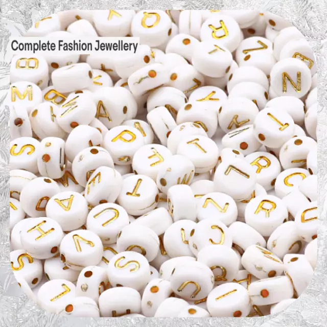 4Mm X 7Mm White/Gold Random Alphabet Letters A-Z Flat Round Acrylic Beads/Crafts