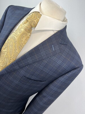 J. Hilburn Men's Navy Glen Check Wool Stitch Lapel Sport Coat Surgeon Cuffs 44 R