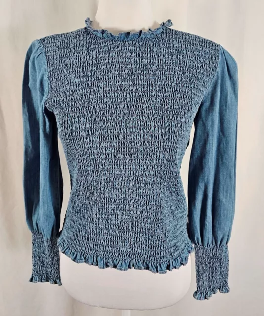 Veronica Beard Womens Top Denim Blue Smocking Long Sleeves Cotton Tencel Size 2