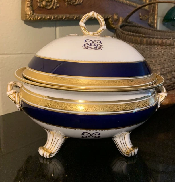 c.1880 Minton Armorial Porcelain Tureen Cobalt & Encrusted Gold w/Royal Cypher