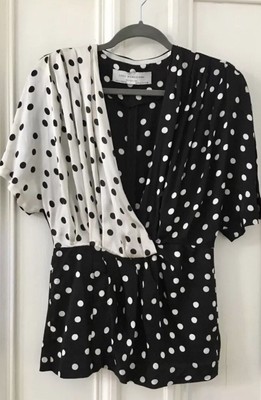 Zara Studio Vintage Black White Polka Dot Contrast Wrap Cross Front Blouse Top M