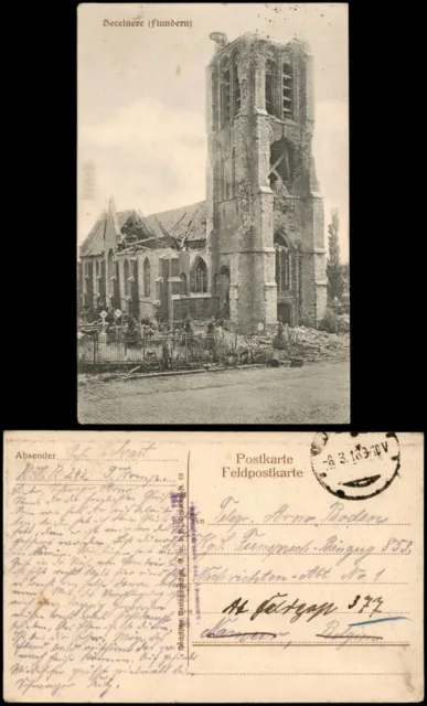 Postkaart Becelaere Kirche Ansicht Erster Weltkrieg 1918  gel. Feldpoststempel