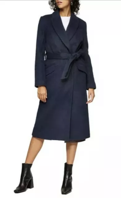 NWT Topshop Manhattan Belted Long Coat  Navy Blue Lined US Size 6