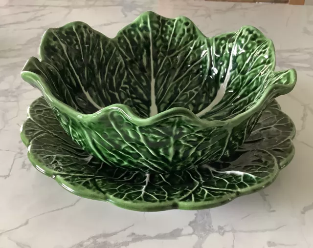 2 Pc. Subtil Pottery Majolica Cabbage Leaf  Serving Bowl & Plate. Portugal Made