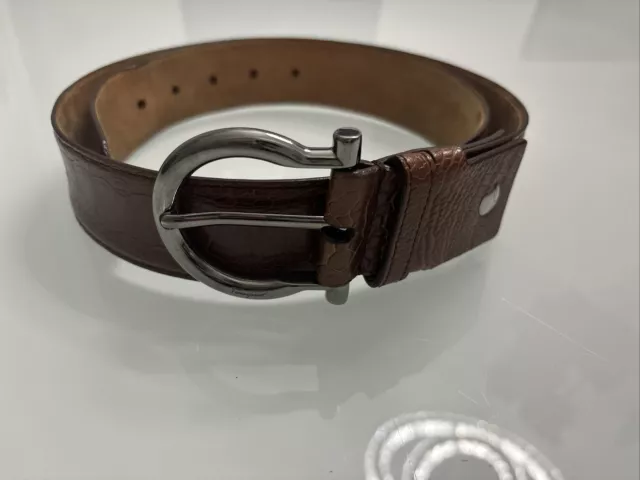 SALVATORE FERRAGAMO Wide Adjustable Brown Crocodile Gancini Belt 34 2