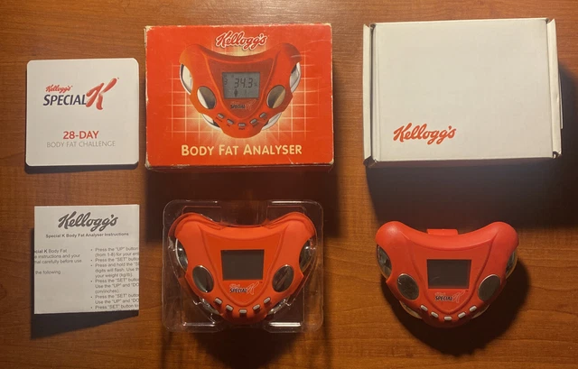 2x VINTAGE KELLOGG'S SPECIAL K KÖRPERFETTANALYSATOR eins komplett im Karton Wecker