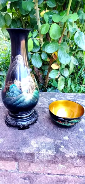 Alte schwarze Japanische Holz Vase und Schale Lack Malerei Gold Natur Muster