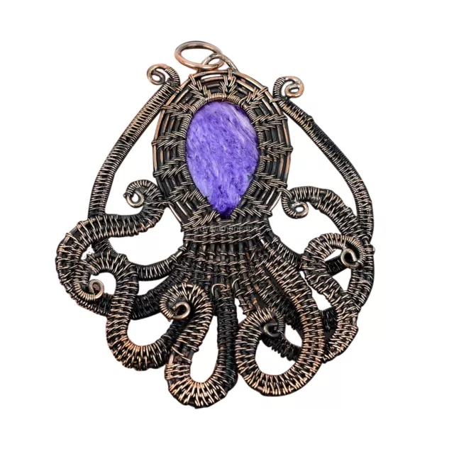 Russian Charoite Jewelry Copper Gift For Mum Wire Wrapped Octopus Pendant 3.43"