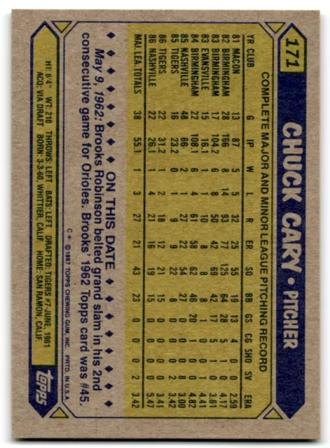 1987 TOPPS CHUCK Cary recrue Detroit Tigers #171 EUR 1,10 - PicClick FR
