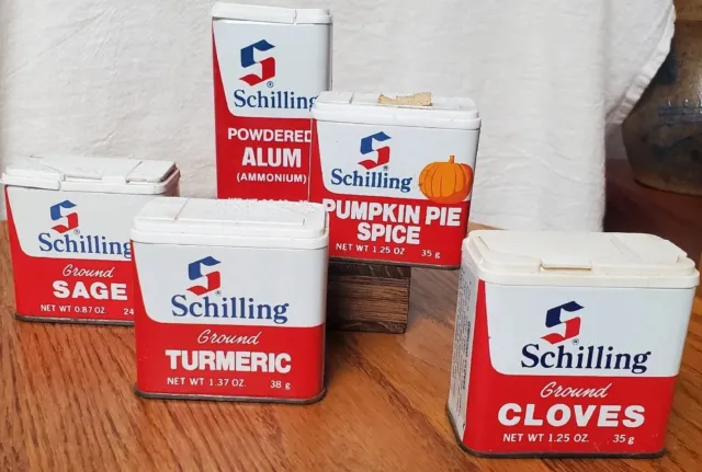 VTG 5 Schilling / McCormick Spice Tins Pumpkin Pie Cloves Tumeric Alum Sage