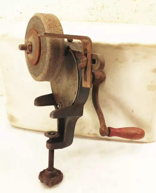 Vtg antique cast iron hand crank bench clamp mount grinder blade tool sharpener