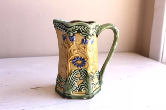 Vintage Majolica Art Nouveau Floral Ceramic Creamer Pitcher Jug Gold Green Blue