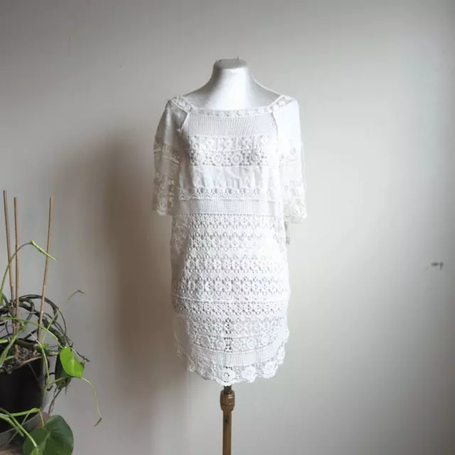 One World Womens Small Crochet Tunic Top White Short Sleeves with Cami NWT