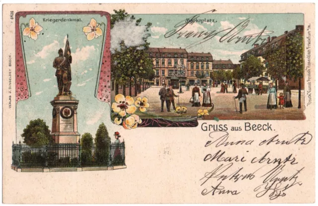 alte Litho-Ak Duisburg, Gruss aus Beeck, Kriegerdenkmal, Markt, gelaufen 1905