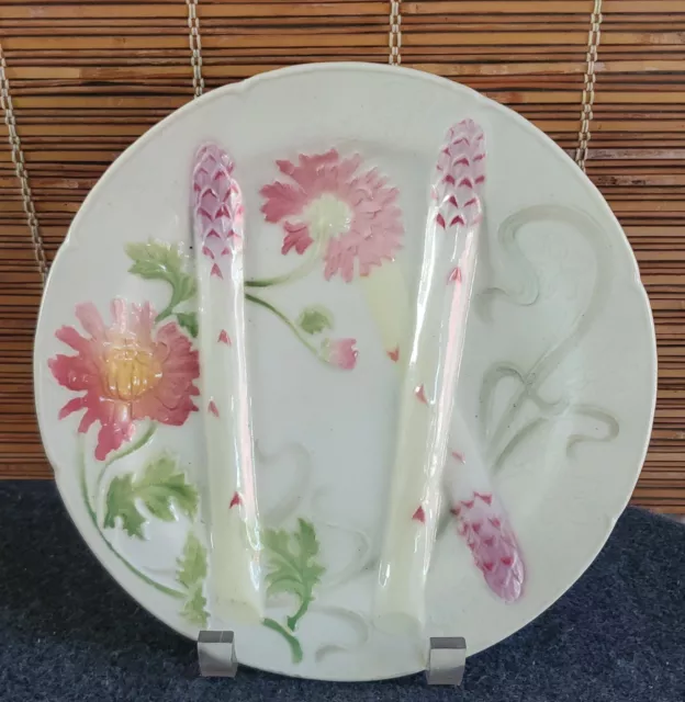 Antique French Majolica Asparagus Plate K&G ST CLEMENT 9-1/8in