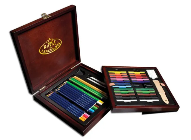 Artists Deluxe Drawing Set Wooden Box 49 Piece Colour Pencil Sketch Gift DRW1600