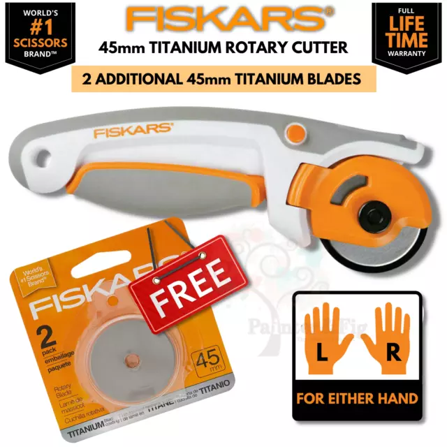 Fiskars 45mm Titanium Genuine Rotary Cutter & 2 Replacement Blades Fabric Cutter