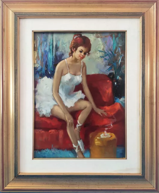 Portrait de Jeune Ballerine en Tutu, Scène d'intérieur, Peinture à Huile signée 2