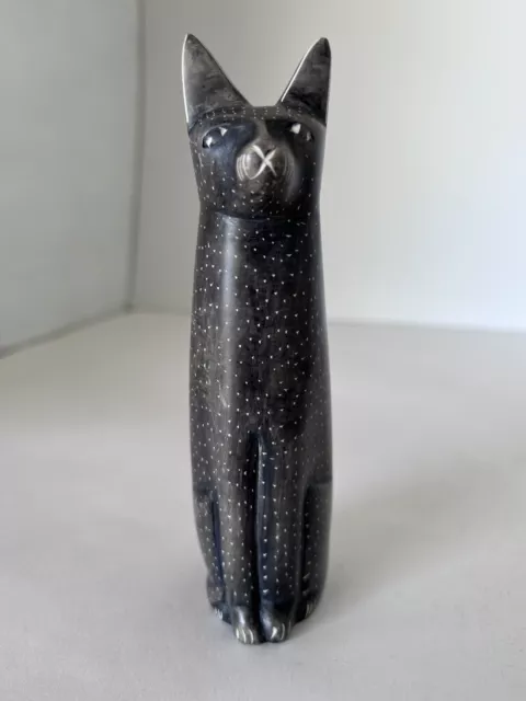 African Hand Carved Cat Sculpture Figurine Hand Painted Accents 15.75cm 423g